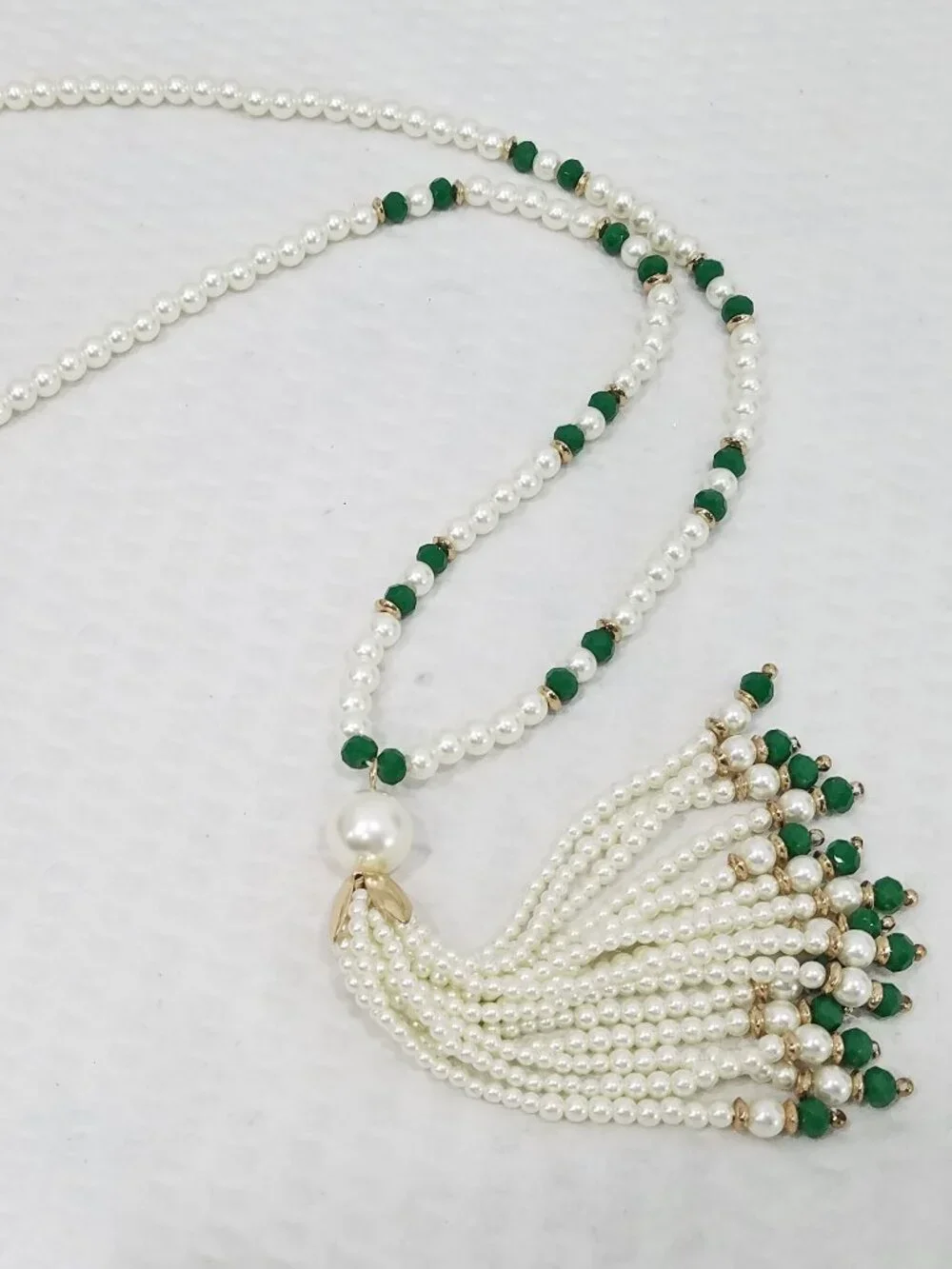 Pearl and Green Bead Tassel Necklace - Elegant Women’s Jewelry